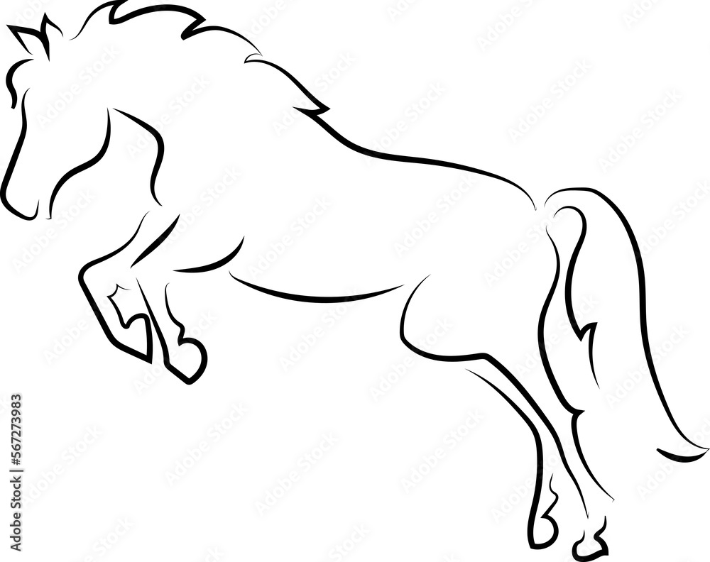 Fototapeta premium A graceful and beautiful horse overcomes an obstacle. Black outline, scheme, logo.