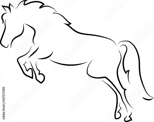 A graceful and beautiful horse overcomes an obstacle. Black outline, scheme, logo.