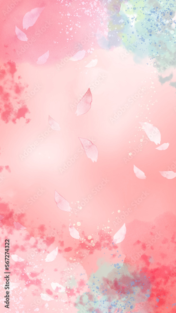 花びらが舞うピンクの春の背景イラスト　縦型背景