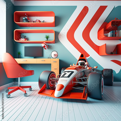 children's room in formula1 style. Generative AI photo