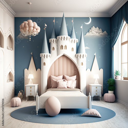Children's room decor in pastel colors, princess room, generative AI
