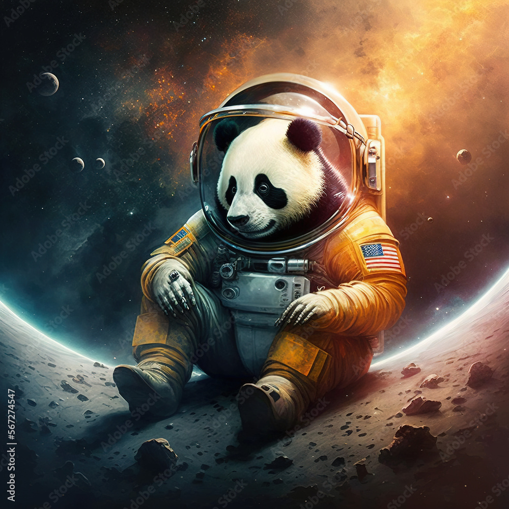 panda cosmonaut, fake poster, generative AI - obrazy, fototapety, plakaty 