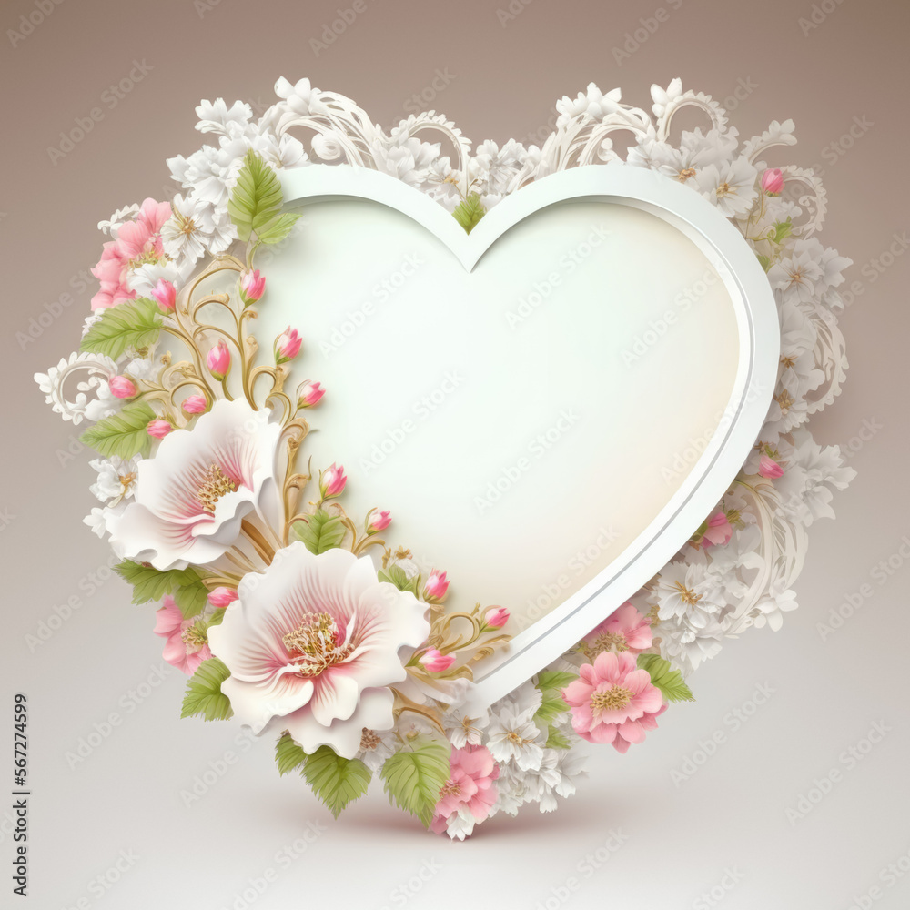 Postcard of ai generated valentines greeting card with heart and floral frame.