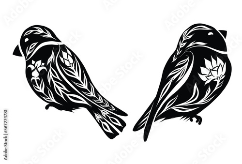 Vector set of monochrome decorative illustration birds. Collection black tracery clip art with bullfinches. Folk art silhouette image