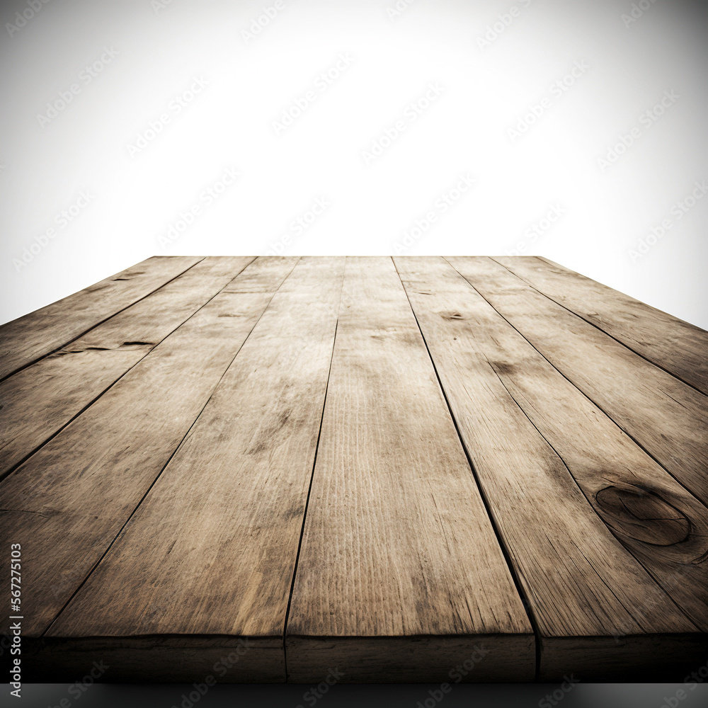 the white background with the wooden table. Generative AI - obrazy, fototapety, plakaty 