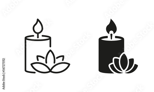 Scented Candle and Flower Silhouette and Line Icon Set. Aroma Therapy Diffuser Light Pictogram. Burning Candle in Jar Aromatherapy Icon. Candlelight. Editable Stroke. Isolated Vector Illustration