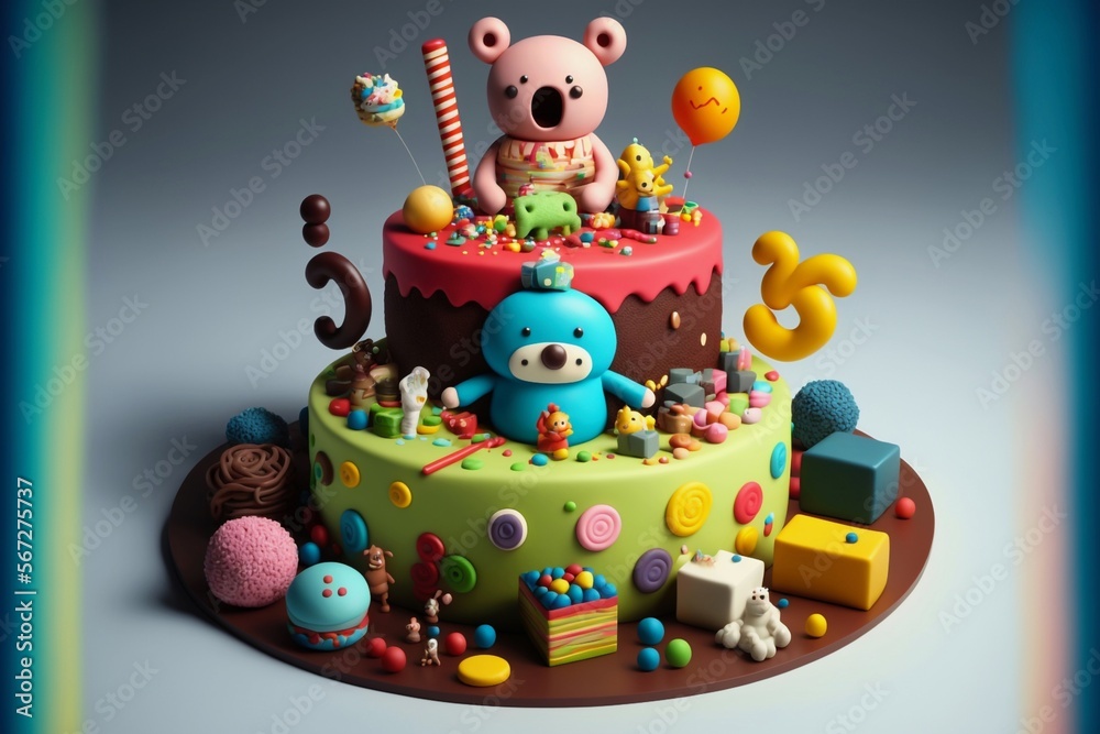 A photo of a fun and playful birthday cake with a cartoon character on top, surrounded by colorful toys and games 