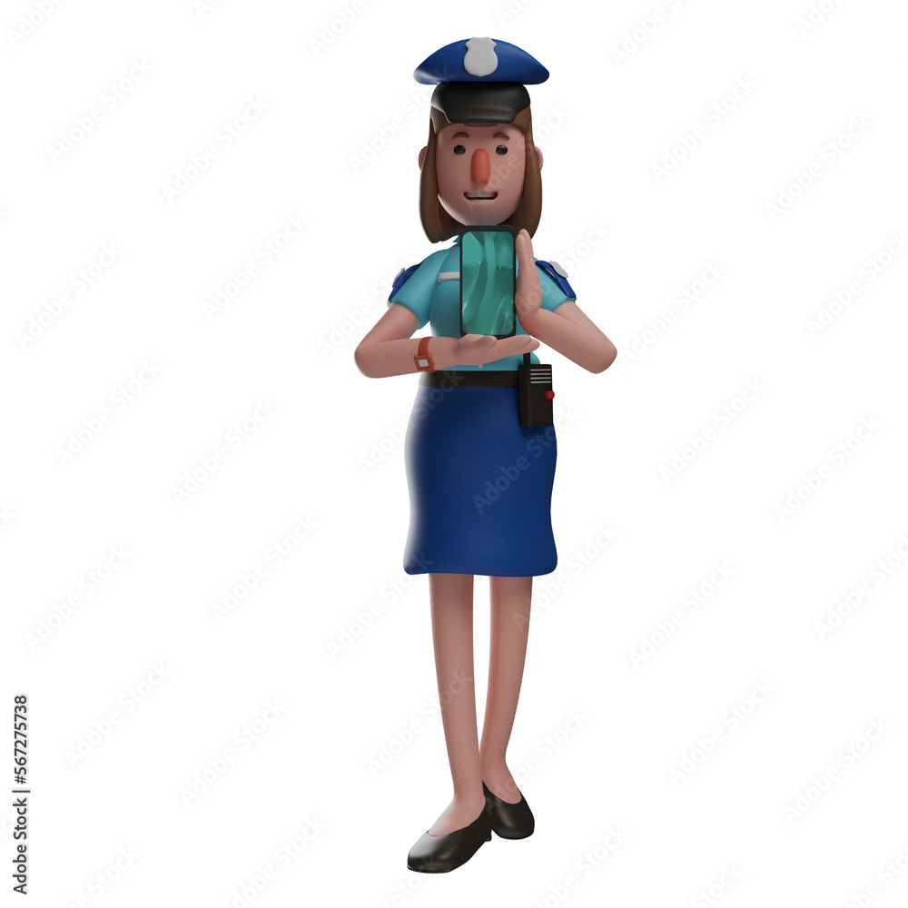 3D illustration. 3D Police Woman Cartoon Character holding a mobile phone. showing a cute smile. have a handy talkie. 3D Cartoon Character 3D illustration. 3D Police Woman Cartoon Character holding a mobile phone. showing a cute smile. have a handy talkie. 3D Cartoon Character