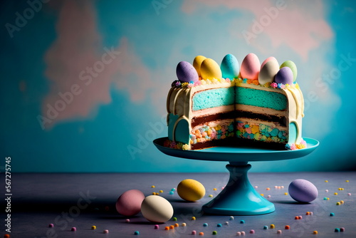 Easter cake with colorful eggs around on a blue background photo