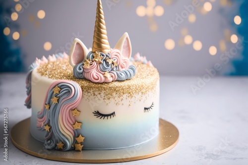 A photo of a magical and dreamy cake featuring a glittering unicorn and rainbow design, set against a soft and romantic backdrop.