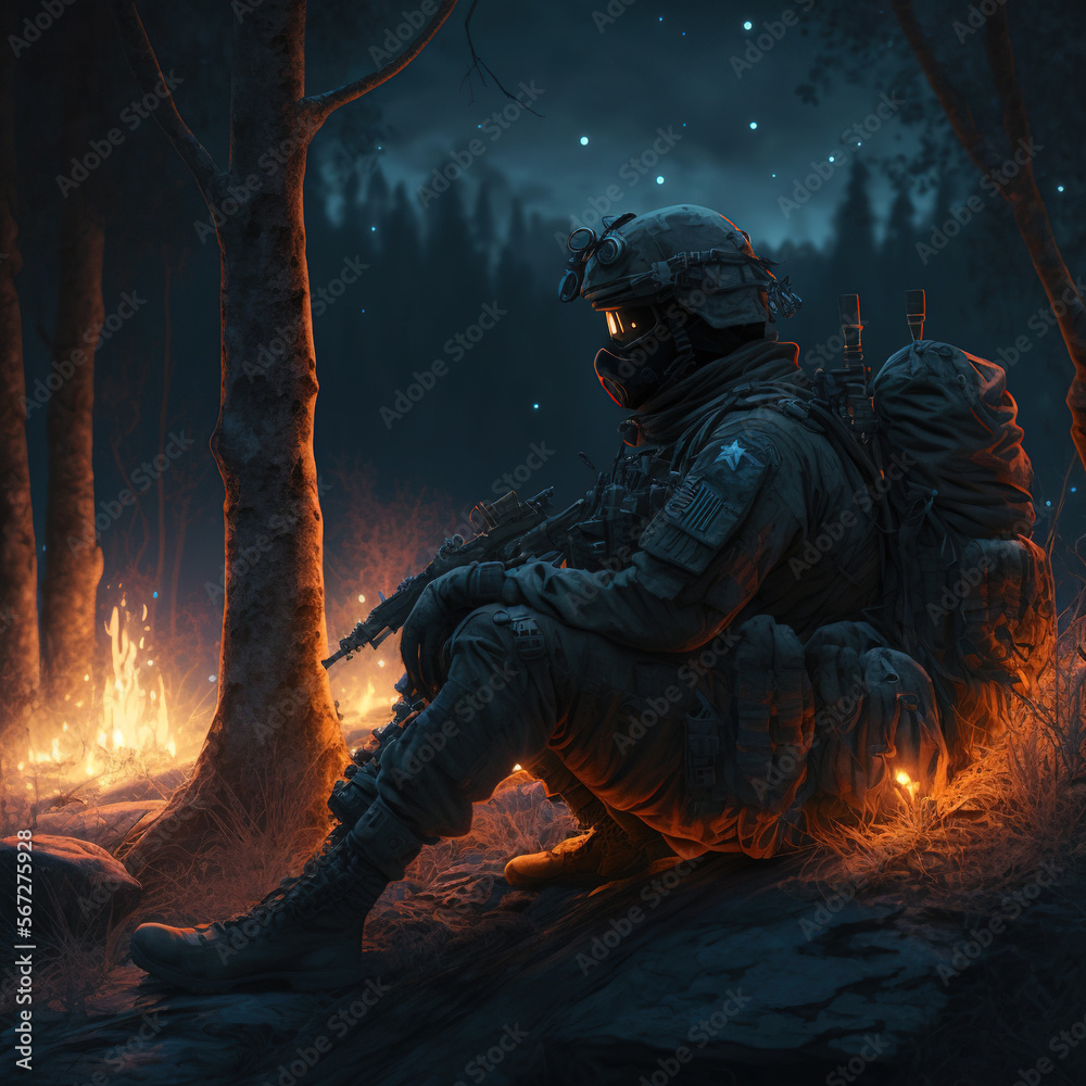 Soldier with an assault rifle and tactical gear, sitting near a campfire in a forest, very dark night, Generative AI - obrazy, fototapety, plakaty 
