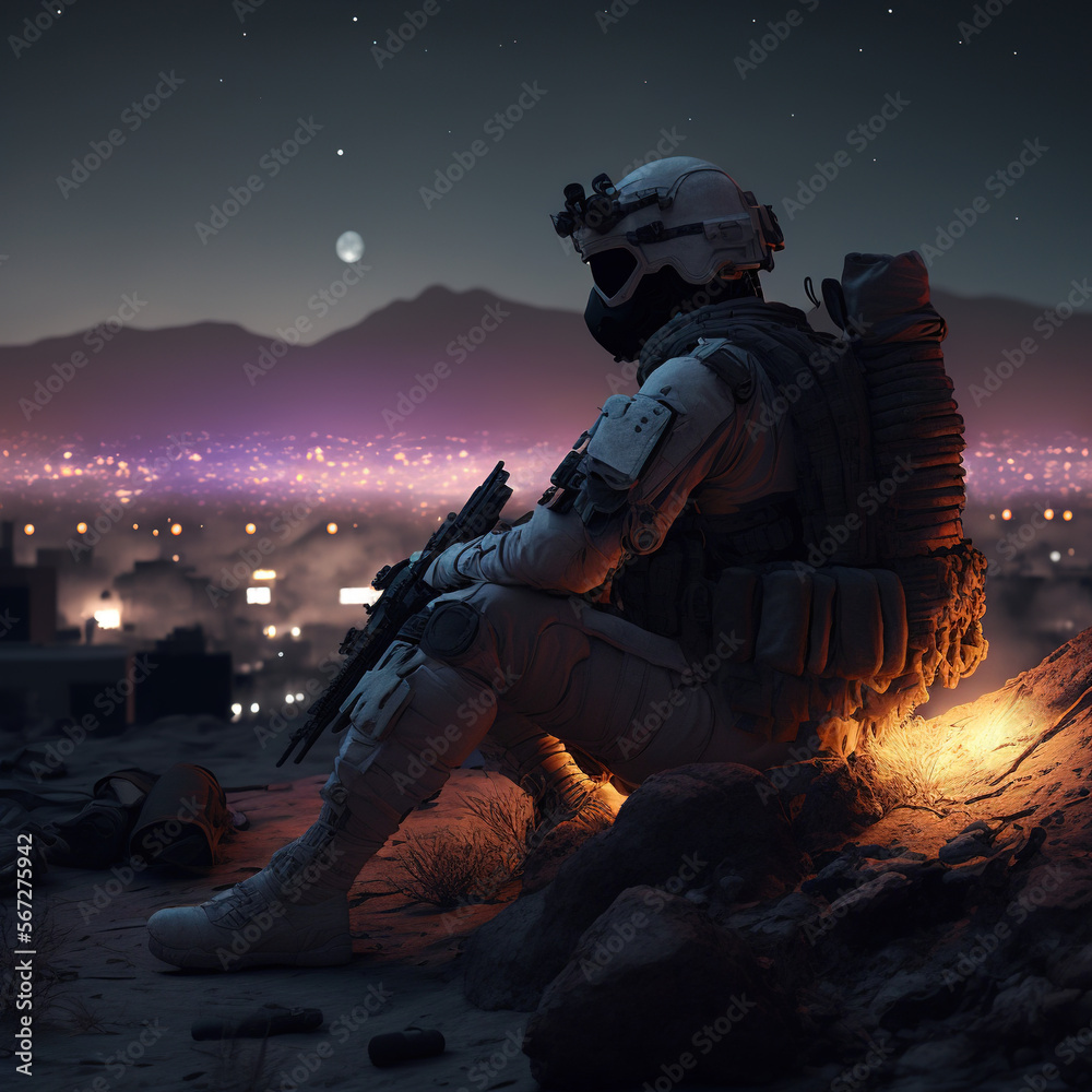 Soldier with an assault rifle and tactical gear, sitting near a campfire in a forest, very dark night, Generative AI - obrazy, fototapety, plakaty 
