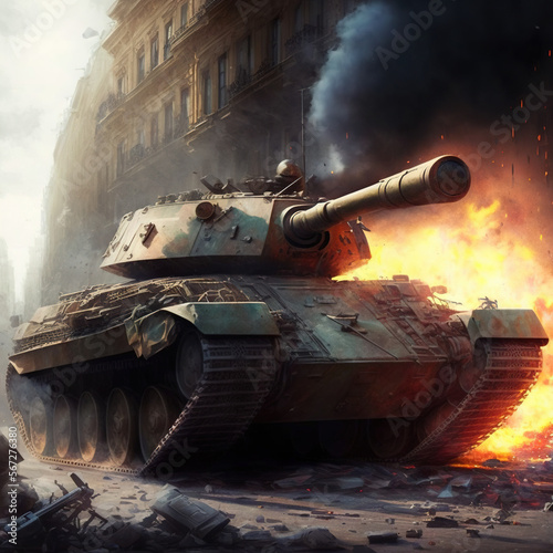 a burning tank driving through the streets destroyed after the war. Generative ai
