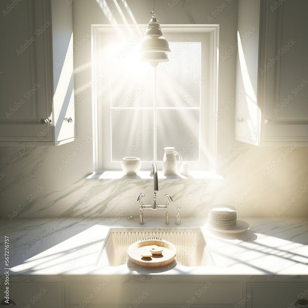 a kitchen with a sink and a window in the backround of the room and a potted plant on the counter top of the sink. Bright interior with sunshine. Generative AI - obrazy, fototapety, plakaty 