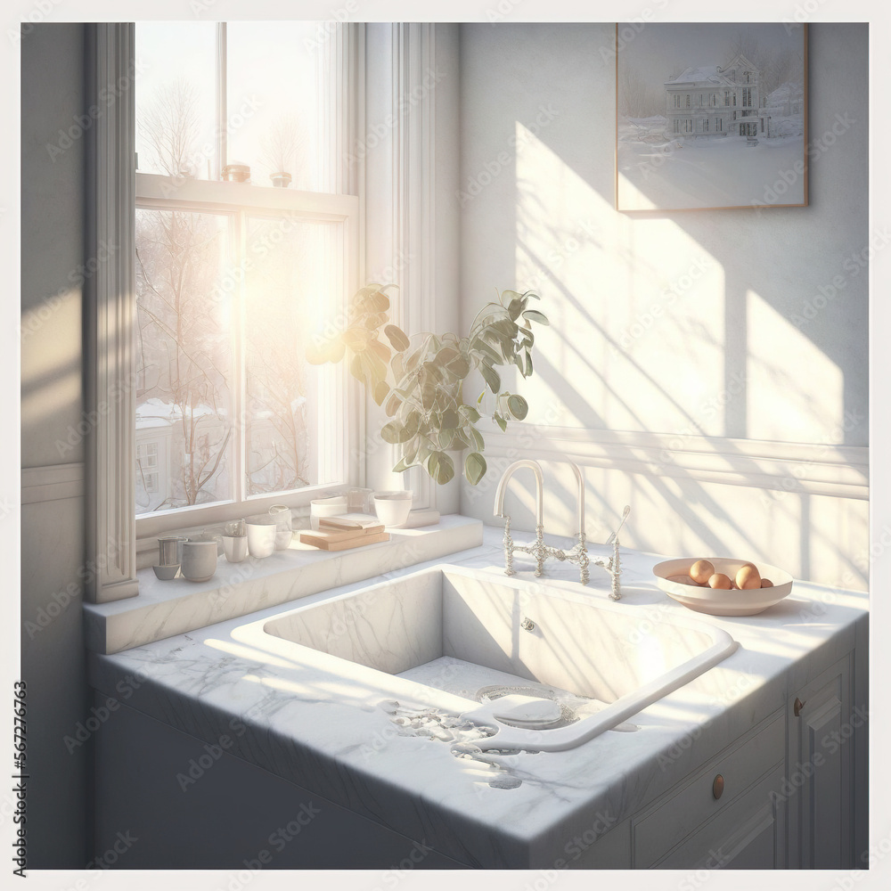 a kitchen with a sink and a window in the backround of the room and a potted plant on the counter top of the sink. Bright interior with sunshine. Generative AI - obrazy, fototapety, plakaty 