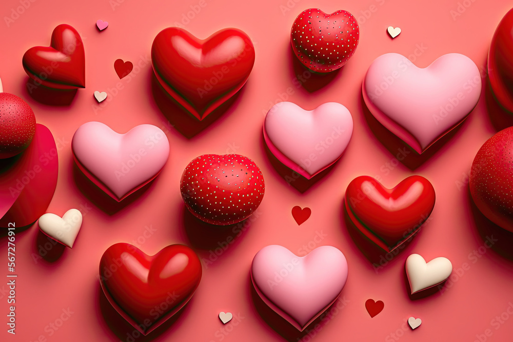 Diverse heart shapes in a variety of sizes in pink background. Generative AI