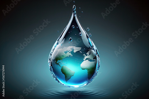 A beautiful macro shot of a single drop of water suspended in mid-air, with a clear, vivid representation of the Earth inside it. Generative AI Art