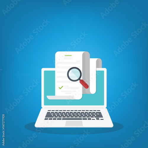 Online digital document inspection or assessment evaluation on laptop computer, contract review, analysis, inspection of agreement contract, compliance verification. Vector illustration