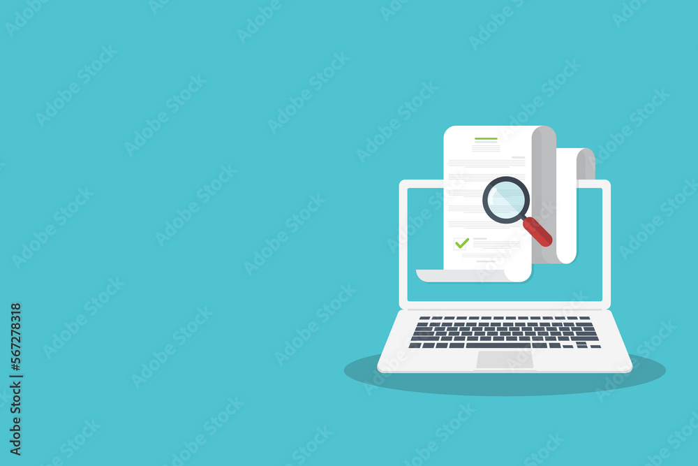 Online digital document inspection or assessment evaluation on laptop computer, contract review, analysis, inspection of agreement contract, compliance verification. Vector illustration Online digital document inspection or assessment evaluation on laptop computer, contract review, analysis, inspection of agreement contract, compliance verification. Vector illustration