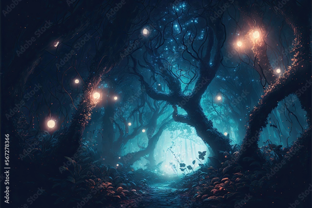 Gloomy fantasy forest scene at night with glowing lights - AI Generated