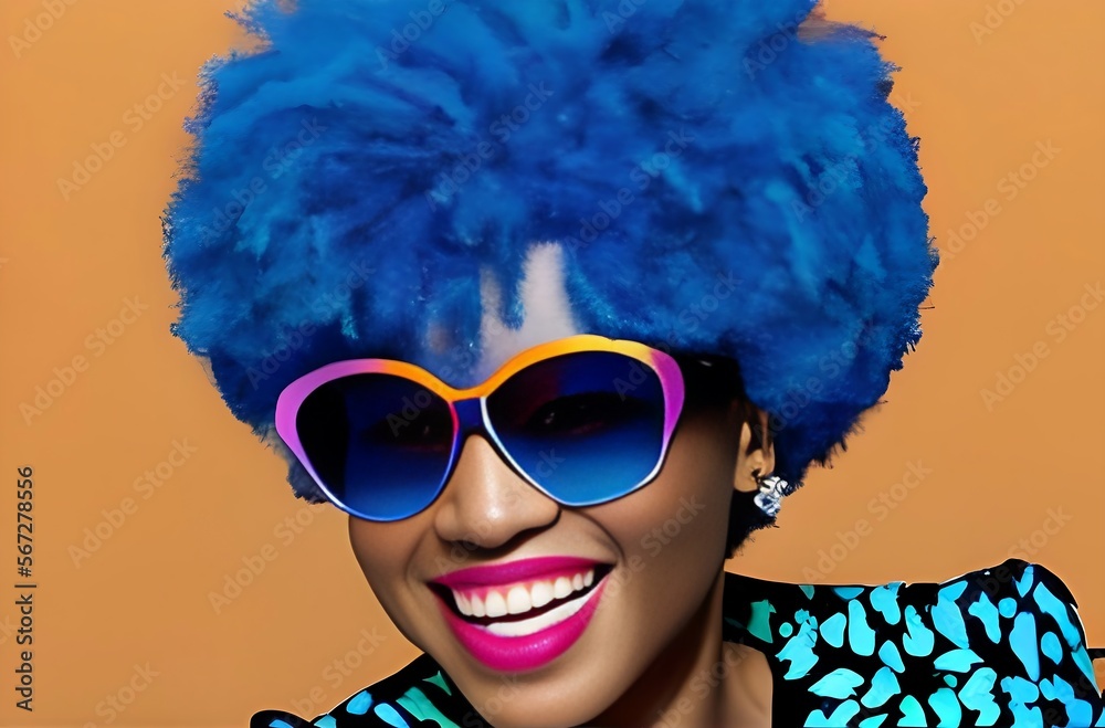 Stylized portrait of a beautiful black woman with blue electric long hair. Generative ai. Stylized portrait of a beautiful black woman with blue electric long hair. Generative ai.