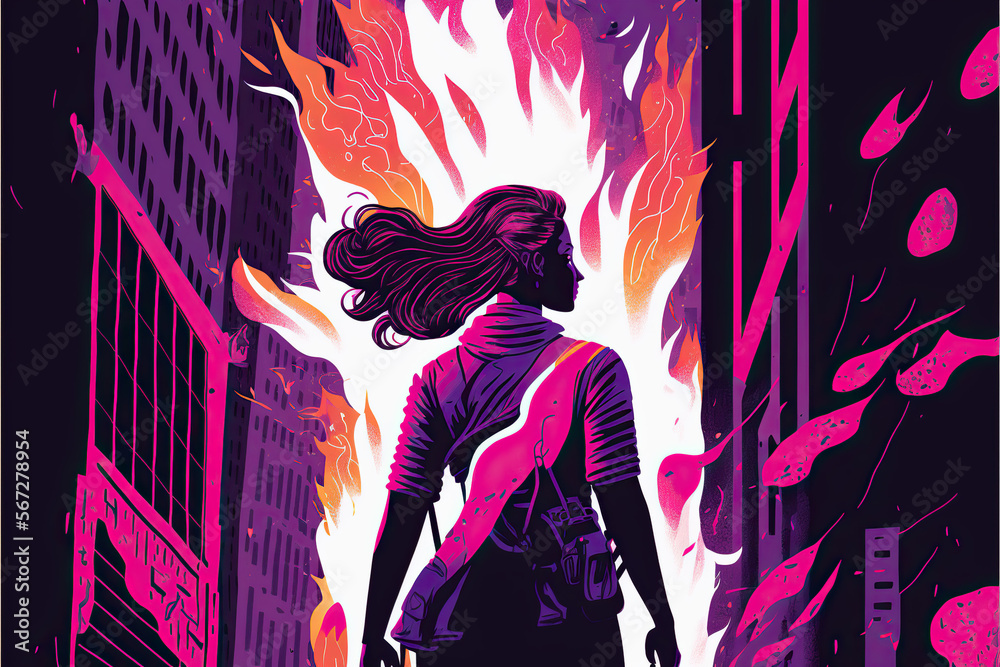 Illustration of woman in the city with fire and vibrant purple smoke around. concept of feminism, empowerment and gender equality. pastel colours. Space for text. - obrazy, fototapety, plakaty 