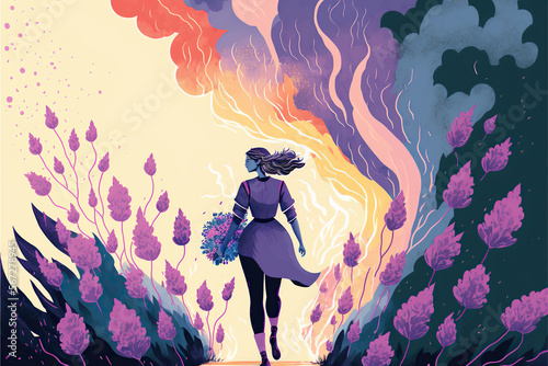 Illustration of woman with flower in hand, fire and vibrant purple smoke around. concept of feminism, empowerment and gender equality. pastel colours. Space for text.