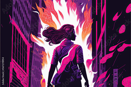 Illustration of woman in the city with fire and vibrant purple smoke around. concept of feminism  empowerment and gender equality. pastel colours. Space for text.