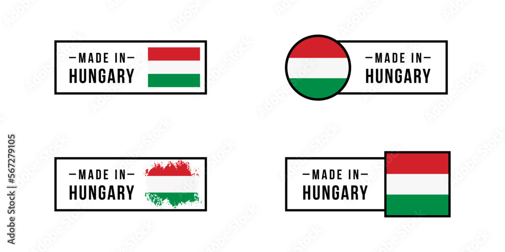 Set of sticker Made in Hungary. Design labels with Hungary flag for packaging, Factory, manufacturing and production country. Vector Set of sticker Made in Hungary. Design labels with Hungary flag for packaging, Factory, manufacturing and production country. Vector