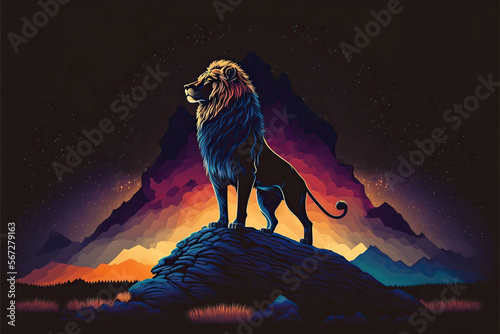 Mighty lion standing before a colorful fantasy mountain at night  copy space  vector style  Generative AI 