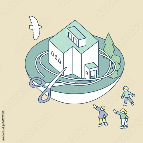 はさみと、糸のからまった家