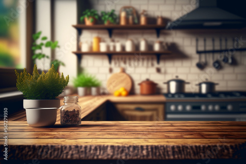 Wood table top on blur kitchen counter (room)background.