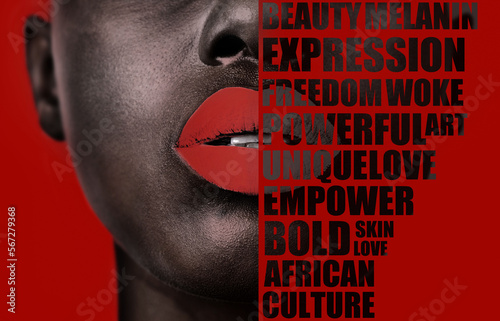 Message, empowerment and face of a black woman with words isolated on a red background in studio. Zoom, lips and half facial overlay of a girl with text, affirmations and opinion on a backdrop photo