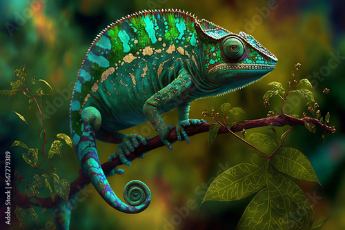 Close up of a brightly colored chameleon.Generative AI. © erika8213