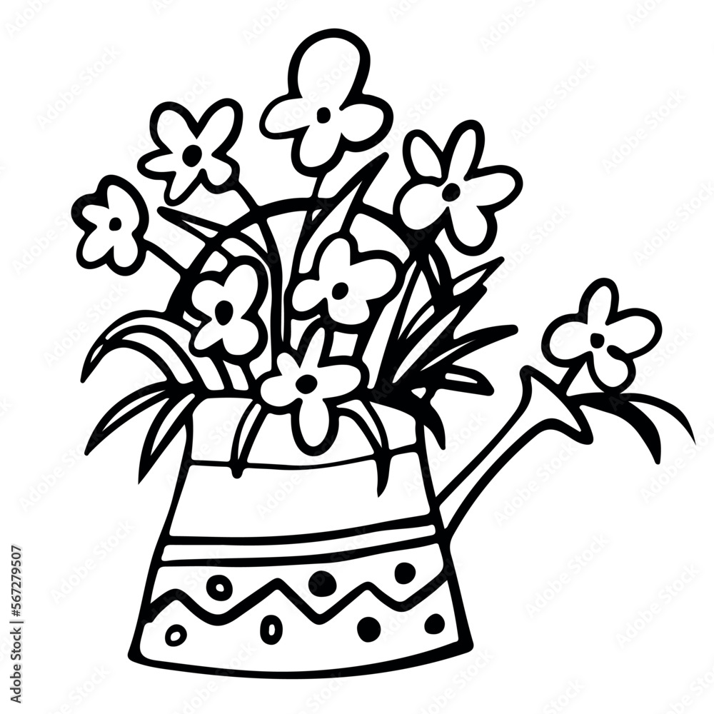 Outline watering can with flowers on white background. Spring card. Doodle. Vector illustration. Perfect for coloring book, greeting card, print, invitation. Outline watering can with flowers on white background. Spring card. Doodle. Vector illustration. Perfect for coloring book, greeting card, print, invitation.