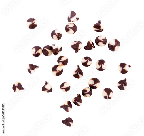 Chocolate chip morsels spread on white background