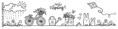 Long spring banner - set of spring elements on white background.  Vector illustration. Perfect for coloring book, greeting card, print, invitation.