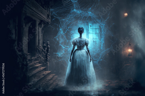 Scary ghost woman in haunted house. Digital art © erika8213