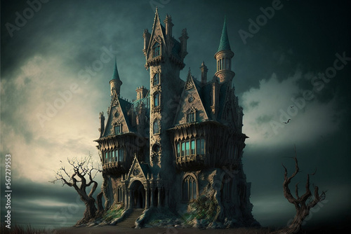 Haunted fantasy castle in a foggy Halloween night.Generative ai.