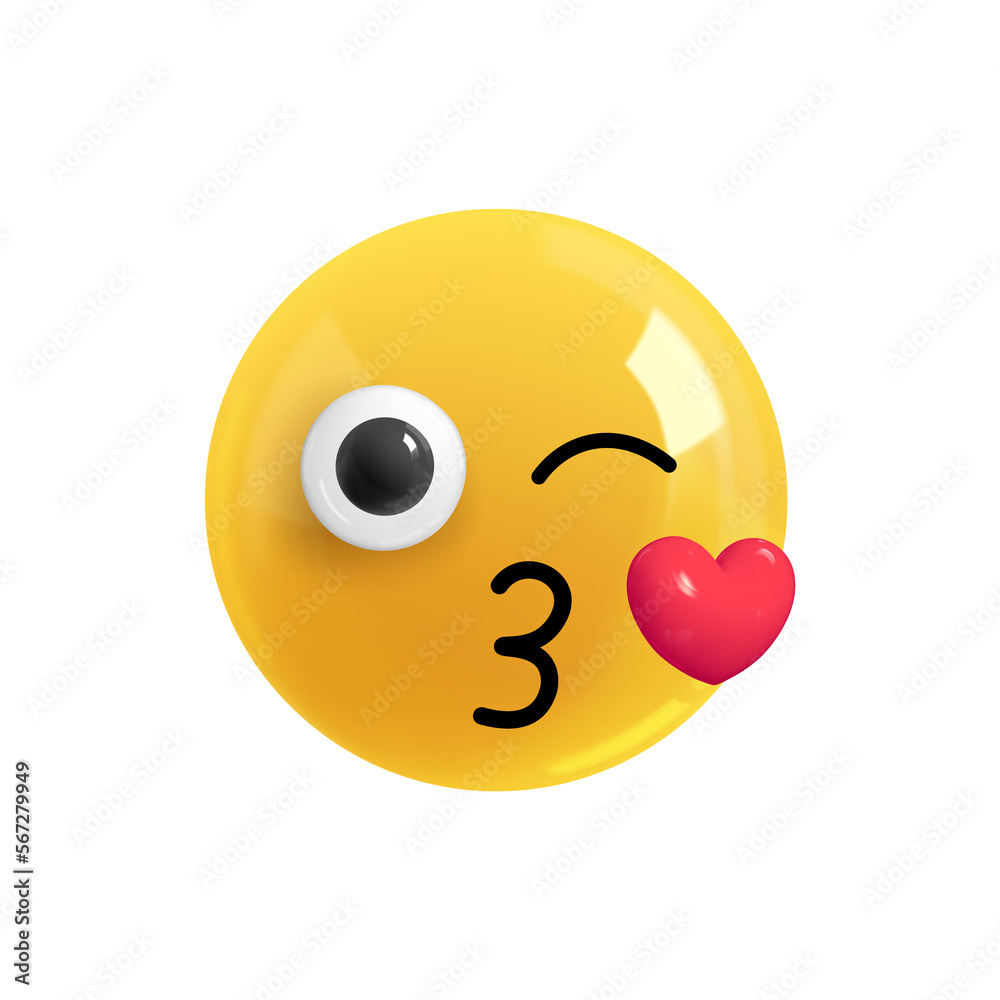 Emoji face lover sends a kiss and winks. Realistic 3d Icon. Render of yellow glossy color emoji in plastic cartoon style isolated on white background. 