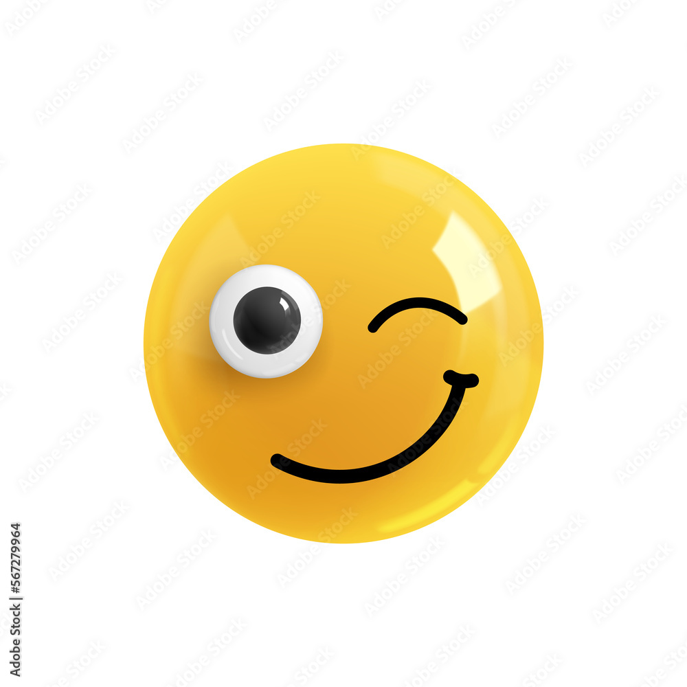 Emoji face smile with a wink. Realistic 3d design. Emoticon yellow glossy color. Icon in plastic cartoon style isolated on white background. Emoji face smile with a wink. Realistic 3d design. Emoticon yellow glossy color. Icon in plastic cartoon style isolated on white background.