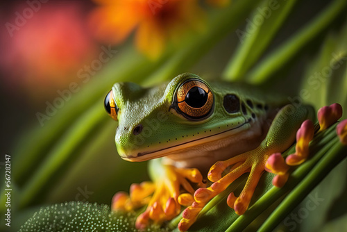 Tree frogs  flowers  macro. Generative AI.