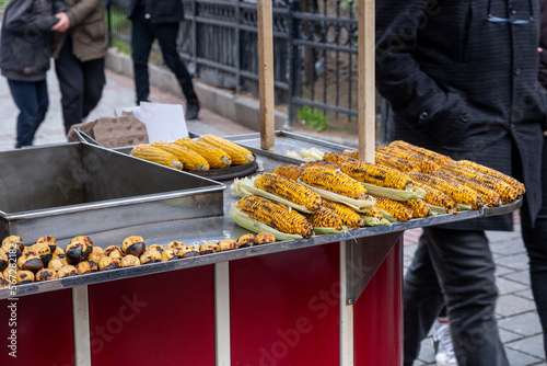 fried corn and chestnuts on the counter, food concept
