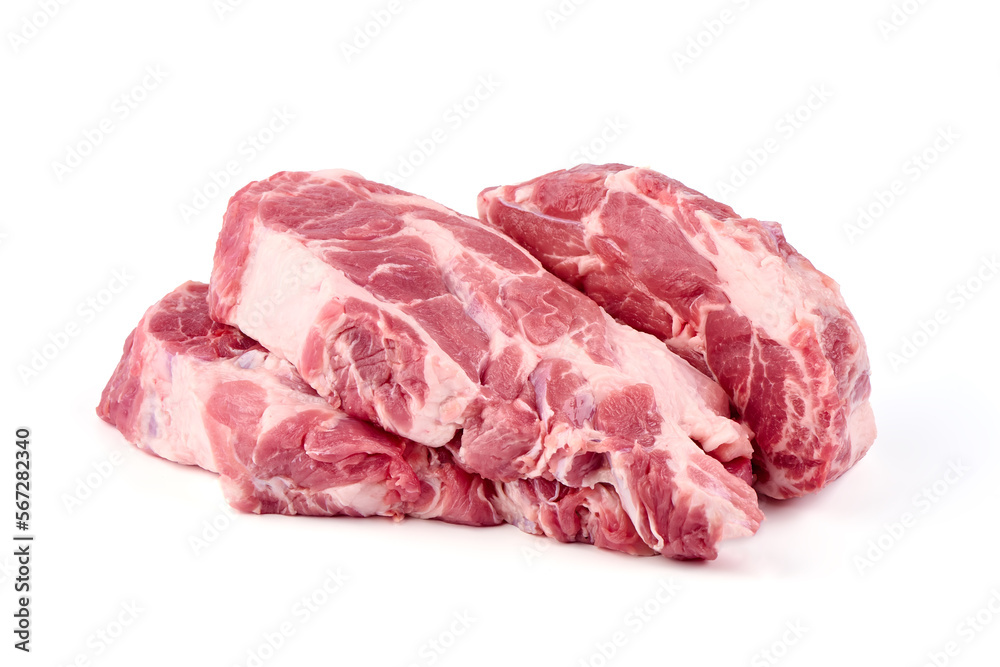 Raw pork shuulder steaks, isolated on white background. High resolution image.