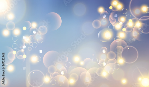 Magic lights of bokeh with golden blur soft light on sunset background. Abstract vector illustration of sky with galaxy made blurry bokeh
