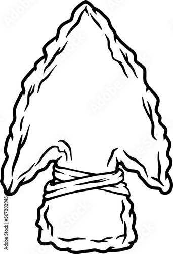 Illustration of stone arrowhead. Design element for poster, card, banner, logo, emblem. Vector illustration