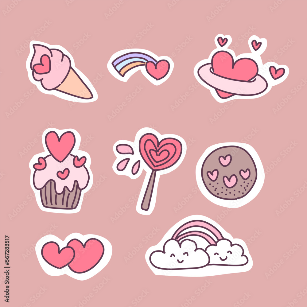Obraz premium Collection of big isolated hand drawn love elements set in Valentine concept, flat Vector illustration for Valentine's day invitation cards and page decoration