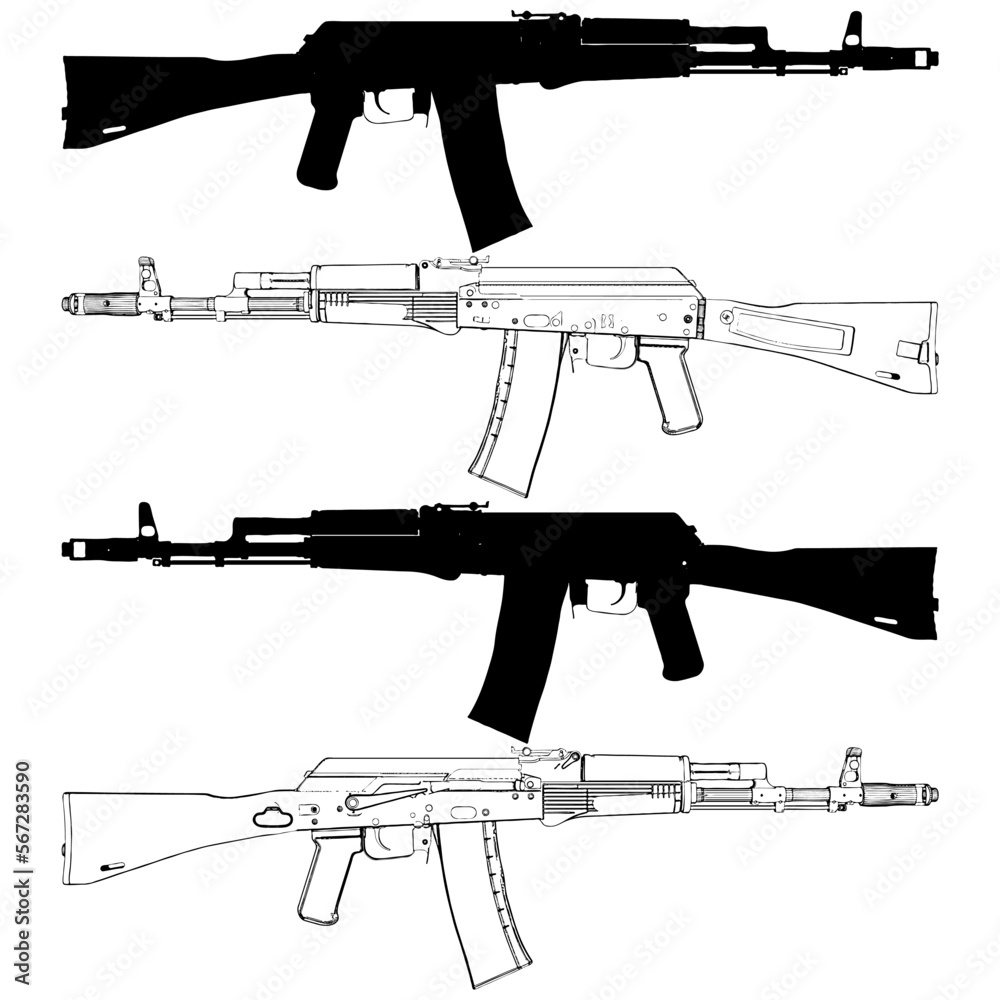 Assault Rifle Vector Automatic Gun Fire Rifle With Silhouette Included A Vector Illustration 3517