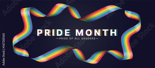 Pride month, pride of all genders text in and Two line rainbow pride ribbon waving roll around frame on dark background vector design