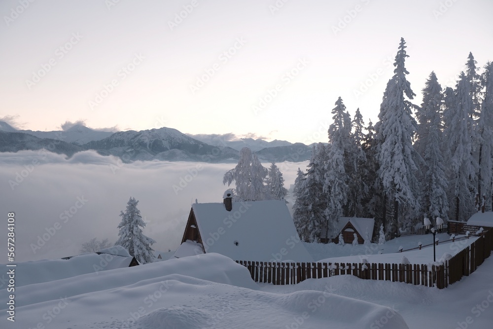 Winter scenery of panorama of Tatras Mountains and Zakopane buildings from Gubalowka hill in Zakopane, Podhale, Poland